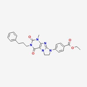 molecular formula C26H27N5O4 B14093436 ethyl 4-[1-methyl-2,4-dioxo-3-(3-phenylpropyl)-1,2,3,4,6,7-hexahydro-8H-imidazo[2,1-f]purin-8-yl]benzoate 