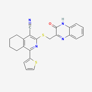 molecular formula C23H18N4OS2 B14093670 3-{[(3-Oxo-3,4-dihydroquinoxalin-2-yl)methyl]sulfanyl}-1-(thiophen-2-yl)-5,6,7,8-tetrahydroisoquinoline-4-carbonitrile 