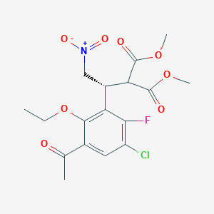 molecular formula C17H19ClFNO8 B14094291 Propanedioic acid, 2-[(1R)-1-(3-acetyl-5-chloro-2-ethoxy-6-fluorophenyl)-2-nitroethyl]-, 1,3-dimethyl ester 