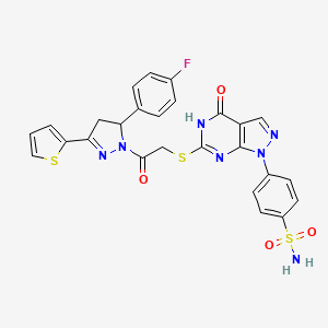 molecular formula C26H20FN7O4S3 B14095171 4-(6-((2-(5-(4-fluorophenyl)-3-(thiophen-2-yl)-4,5-dihydro-1H-pyrazol-1-yl)-2-oxoethyl)thio)-4-oxo-4,5-dihydro-1H-pyrazolo[3,4-d]pyrimidin-1-yl)benzenesulfonamide 