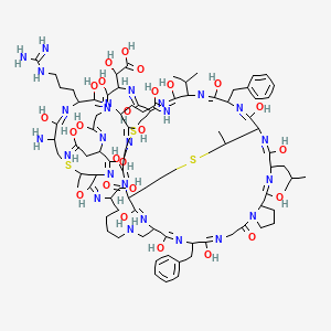 molecular formula C86H127N25O25S3 B14095804 44-Amino-4,22-dibenzyl-47-(3-carbamimidamidopropyl)-31-[carboxy(hydroxy)methyl]-2,5,14,17,20,23,26,29,32,35,38,45,48,51,54,57,67-heptadecahydroxy-37-(2-hydroxy-2-iminoethyl)-50-(3-hydroxy-3-iminopropyl)-41,70-dimethyl-16-(2-methylpropyl)-8-oxo-25-propan-2-yl-42,69,72-trithia-3,6,9,15,18,21,24,27,30,33,36,39,46,49,52,55,58,60,66-nonadecazapentacyclo[38.18.9.319,56.328,53.09,13]triheptaconta-2,5,14,17,20,23,26,29,32,35,38,45,48,51,54,57,66-heptadecaene-65-carboxylic acid 