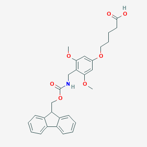 molecular formula C29H31NO7 B141002 5-(4-(9-Fluorenylmethyloxycarbonyl)aminomethyl-3,5-dimethoxyphenoxy)valeric acid CAS No. 115109-65-4