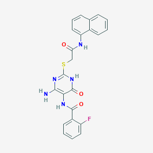 molecular formula C23H18FN5O3S B14101693 N-(4-amino-2-((2-(naphthalen-1-ylamino)-2-oxoethyl)thio)-6-oxo-1,6-dihydropyrimidin-5-yl)-2-fluorobenzamide 