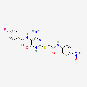molecular formula C19H15FN6O5S B14102373 N-(4-amino-2-((2-((4-nitrophenyl)amino)-2-oxoethyl)thio)-6-oxo-1,6-dihydropyrimidin-5-yl)-4-fluorobenzamide 