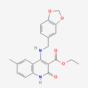 molecular formula C21H20N2O5 B14105374 Ethyl 4-((benzo[d][1,3]dioxol-5-ylmethyl)amino)-6-methyl-2-oxo-1,2-dihydroquinoline-3-carboxylate 