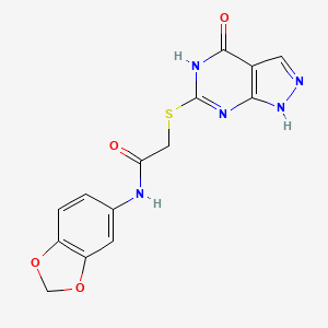 molecular formula C14H11N5O4S B14105623 N-(benzo[d][1,3]dioxol-5-yl)-2-((4-oxo-4,5-dihydro-1H-pyrazolo[3,4-d]pyrimidin-6-yl)thio)acetamide 