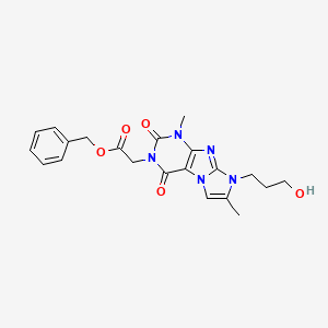 molecular formula C21H23N5O5 B14105996 benzyl 2-(8-(3-hydroxypropyl)-1,7-dimethyl-2,4-dioxo-1H-imidazo[2,1-f]purin-3(2H,4H,8H)-yl)acetate 