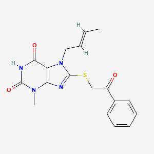 molecular formula C18H18N4O3S B14106777 7-[(2E)-but-2-en-1-yl]-6-hydroxy-3-methyl-8-[(2-oxo-2-phenylethyl)sulfanyl]-3,7-dihydro-2H-purin-2-one 
