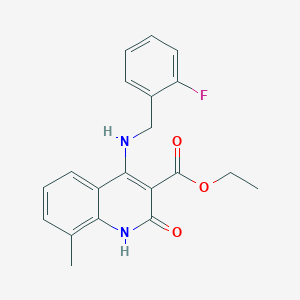 molecular formula C20H19FN2O3 B14107207 Ethyl 4-((2-fluorobenzyl)amino)-8-methyl-2-oxo-1,2-dihydroquinoline-3-carboxylate 