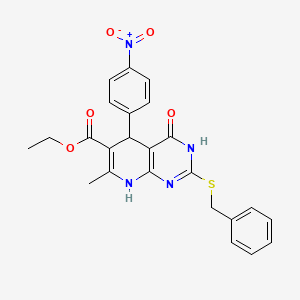 molecular formula C24H22N4O5S B14108272 Ethyl 2-(benzylthio)-7-methyl-5-(4-nitrophenyl)-4-oxo-3,4,5,8-tetrahydropyrido[2,3-d]pyrimidine-6-carboxylate 