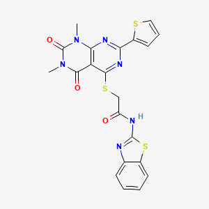 molecular formula C21H16N6O3S3 B14108838 N-(benzo[d]thiazol-2-yl)-2-((6,8-dimethyl-5,7-dioxo-2-(thiophen-2-yl)-5,6,7,8-tetrahydropyrimido[4,5-d]pyrimidin-4-yl)thio)acetamide 