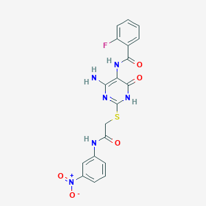 molecular formula C19H15FN6O5S B14108991 N-(4-amino-2-((2-((3-nitrophenyl)amino)-2-oxoethyl)thio)-6-oxo-1,6-dihydropyrimidin-5-yl)-2-fluorobenzamide 