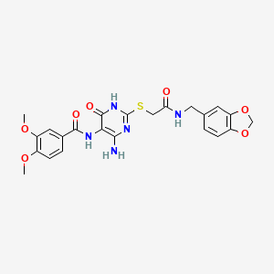 molecular formula C23H23N5O7S B14109127 N-(4-amino-2-((2-((benzo[d][1,3]dioxol-5-ylmethyl)amino)-2-oxoethyl)thio)-6-oxo-1,6-dihydropyrimidin-5-yl)-3,4-dimethoxybenzamide 