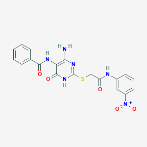 molecular formula C19H16N6O5S B14109218 N-(4-amino-2-((2-((3-nitrophenyl)amino)-2-oxoethyl)thio)-6-oxo-1,6-dihydropyrimidin-5-yl)benzamide 