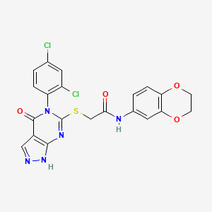 molecular formula C21H15Cl2N5O4S B14109675 2-[[5-(2,4-dichlorophenyl)-4-oxo-1H-pyrazolo[3,4-d]pyrimidin-6-yl]sulfanyl]-N-(2,3-dihydro-1,4-benzodioxin-6-yl)acetamide 