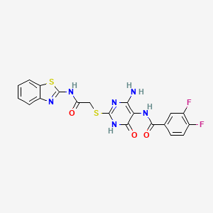 molecular formula C20H14F2N6O3S2 B14109883 N-(4-amino-2-((2-(benzo[d]thiazol-2-ylamino)-2-oxoethyl)thio)-6-oxo-1,6-dihydropyrimidin-5-yl)-3,4-difluorobenzamide 