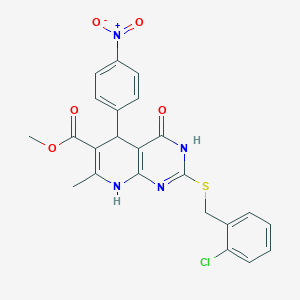 molecular formula C23H19ClN4O5S B14110248 Methyl 2-((2-chlorobenzyl)thio)-7-methyl-5-(4-nitrophenyl)-4-oxo-3,4,5,8-tetrahydropyrido[2,3-d]pyrimidine-6-carboxylate 