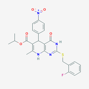 molecular formula C25H23FN4O5S B14110993 Isopropyl 2-((2-fluorobenzyl)thio)-7-methyl-5-(4-nitrophenyl)-4-oxo-3,4,5,8-tetrahydropyrido[2,3-d]pyrimidine-6-carboxylate 