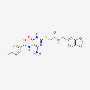 molecular formula C22H21N5O5S B14111583 N-(4-amino-2-((2-((benzo[d][1,3]dioxol-5-ylmethyl)amino)-2-oxoethyl)thio)-6-oxo-1,6-dihydropyrimidin-5-yl)-4-methylbenzamide 