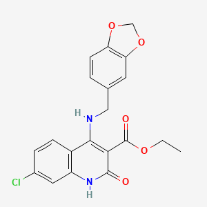 molecular formula C20H17ClN2O5 B14111773 Ethyl 4-((benzo[d][1,3]dioxol-5-ylmethyl)amino)-7-chloro-2-oxo-1,2-dihydroquinoline-3-carboxylate 