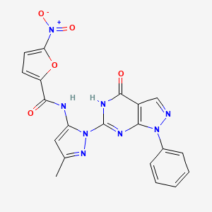molecular formula C20H14N8O5 B14111813 N-(3-methyl-1-(4-oxo-1-phenyl-4,5-dihydro-1H-pyrazolo[3,4-d]pyrimidin-6-yl)-1H-pyrazol-5-yl)-5-nitrofuran-2-carboxamide 