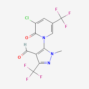 molecular formula C12H6ClF6N3O2 B1411201 5-(3-chloro-2-oxo-5-(trifluoromethyl)pyridin-1(2H)-yl)-1-methyl-3-(trifluoromethyl)-1H-pyrazole-4-carbaldehyde CAS No. 1823188-14-2