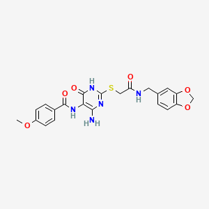 molecular formula C22H21N5O6S B14112401 N-(4-amino-2-((2-((benzo[d][1,3]dioxol-5-ylmethyl)amino)-2-oxoethyl)thio)-6-oxo-1,6-dihydropyrimidin-5-yl)-4-methoxybenzamide 