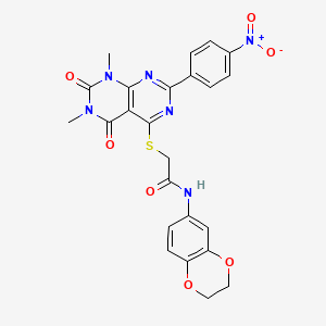 molecular formula C24H20N6O7S B14112947 N-(2,3-dihydrobenzo[b][1,4]dioxin-6-yl)-2-((6,8-dimethyl-2-(4-nitrophenyl)-5,7-dioxo-5,6,7,8-tetrahydropyrimido[4,5-d]pyrimidin-4-yl)thio)acetamide 