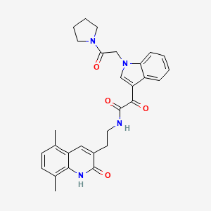 molecular formula C29H30N4O4 B14113486 N-(2-(5,8-dimethyl-2-oxo-1,2-dihydroquinolin-3-yl)ethyl)-2-oxo-2-(1-(2-oxo-2-(pyrrolidin-1-yl)ethyl)-1H-indol-3-yl)acetamide 