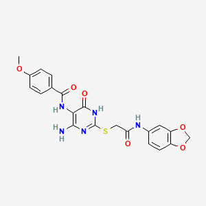 molecular formula C21H19N5O6S B14114269 N-(4-amino-2-((2-(benzo[d][1,3]dioxol-5-ylamino)-2-oxoethyl)thio)-6-oxo-1,6-dihydropyrimidin-5-yl)-4-methoxybenzamide 