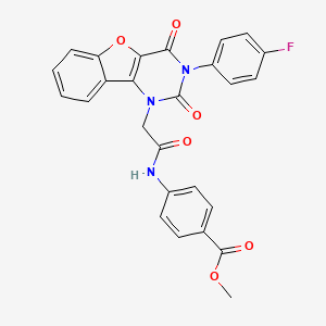 molecular formula C26H18FN3O6 B14114352 methyl 4-(2-(3-(4-fluorophenyl)-2,4-dioxo-3,4-dihydrobenzofuro[3,2-d]pyrimidin-1(2H)-yl)acetamido)benzoate 