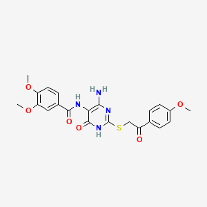 molecular formula C22H22N4O6S B14114813 N-(4-amino-2-((2-(4-methoxyphenyl)-2-oxoethyl)thio)-6-oxo-1,6-dihydropyrimidin-5-yl)-3,4-dimethoxybenzamide 