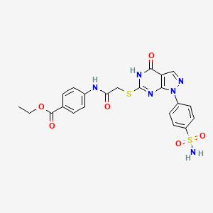 molecular formula C22H20N6O6S2 B14115051 ethyl 4-(2-((4-oxo-1-(4-sulfamoylphenyl)-4,5-dihydro-1H-pyrazolo[3,4-d]pyrimidin-6-yl)thio)acetamido)benzoate 