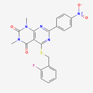 molecular formula C21H16FN5O4S B14117599 5-((2-fluorobenzyl)thio)-1,3-dimethyl-7-(4-nitrophenyl)pyrimido[4,5-d]pyrimidine-2,4(1H,3H)-dione 