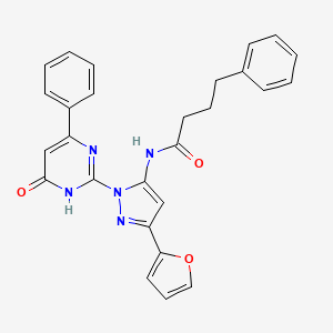 molecular formula C27H23N5O3 B14118184 N-(3-(furan-2-yl)-1-(6-oxo-4-phenyl-1,6-dihydropyrimidin-2-yl)-1H-pyrazol-5-yl)-4-phenylbutanamide 
