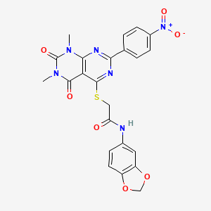 molecular formula C23H18N6O7S B14118585 N-(benzo[d][1,3]dioxol-5-yl)-2-((6,8-dimethyl-2-(4-nitrophenyl)-5,7-dioxo-5,6,7,8-tetrahydropyrimido[4,5-d]pyrimidin-4-yl)thio)acetamide 