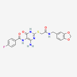 molecular formula C21H18FN5O5S B14118684 N-(4-amino-2-((2-((benzo[d][1,3]dioxol-5-ylmethyl)amino)-2-oxoethyl)thio)-6-oxo-1,6-dihydropyrimidin-5-yl)-4-fluorobenzamide 