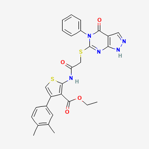 molecular formula C28H25N5O4S2 B14118786 ethyl 4-(3,4-dimethylphenyl)-2-[[2-[(4-oxo-5-phenyl-1H-pyrazolo[3,4-d]pyrimidin-6-yl)sulfanyl]acetyl]amino]thiophene-3-carboxylate 