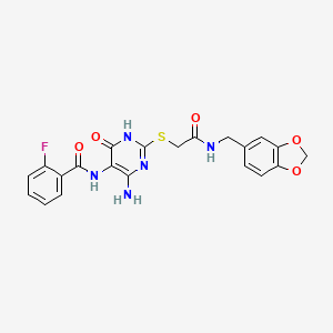 molecular formula C21H18FN5O5S B14119185 N-(4-amino-2-((2-((benzo[d][1,3]dioxol-5-ylmethyl)amino)-2-oxoethyl)thio)-6-oxo-1,6-dihydropyrimidin-5-yl)-2-fluorobenzamide 