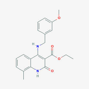 molecular formula C21H22N2O4 B14119277 Ethyl 4-((3-methoxybenzyl)amino)-8-methyl-2-oxo-1,2-dihydroquinoline-3-carboxylate 