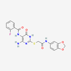 molecular formula C20H16FN5O5S B14119386 N-(4-amino-2-((2-(benzo[d][1,3]dioxol-5-ylamino)-2-oxoethyl)thio)-6-oxo-1,6-dihydropyrimidin-5-yl)-2-fluorobenzamide 