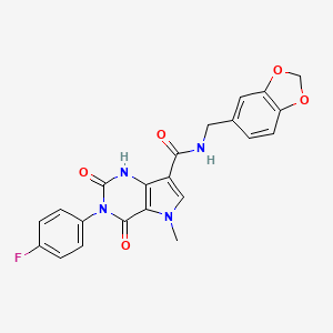 molecular formula C22H17FN4O5 B14119987 N-(benzo[d][1,3]dioxol-5-ylmethyl)-3-(4-fluorophenyl)-5-methyl-2,4-dioxo-2,3,4,5-tetrahydro-1H-pyrrolo[3,2-d]pyrimidine-7-carboxamide 
