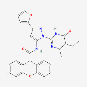 molecular formula C28H23N5O4 B14120276 N-(1-(5-ethyl-4-methyl-6-oxo-1,6-dihydropyrimidin-2-yl)-3-(furan-2-yl)-1H-pyrazol-5-yl)-9H-xanthene-9-carboxamide 