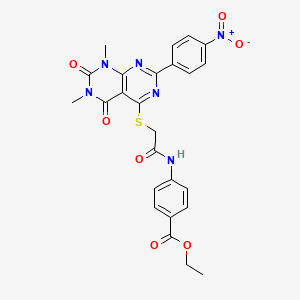 molecular formula C25H22N6O7S B14120493 Ethyl 4-(2-((6,8-dimethyl-2-(4-nitrophenyl)-5,7-dioxo-5,6,7,8-tetrahydropyrimido[4,5-d]pyrimidin-4-yl)thio)acetamido)benzoate 