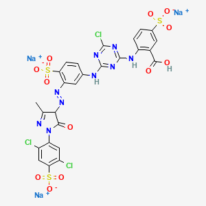molecular formula C26H15Cl3N9Na3O12S3 B14120594 Trisodium hydrogen 2-((4-chloro-6-((3-((1-(2,5-dichloro-4-sulphonatophenyl)-4,5-dihydro-3-methyl-5-oxo-1H-pyrazol-4-yl)azo)-4-sulphonatophenyl)amino)-1,3,5-triazin-2-yl)amino)-5-sulphonatobenzoate CAS No. 93778-50-8