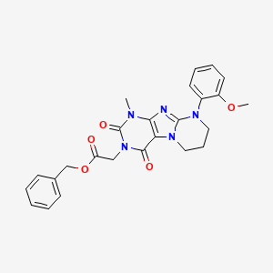 molecular formula C25H25N5O5 B14121926 benzyl 2-(9-(2-methoxyphenyl)-1-methyl-2,4-dioxo-1,2,6,7,8,9-hexahydropyrimido[2,1-f]purin-3(4H)-yl)acetate 