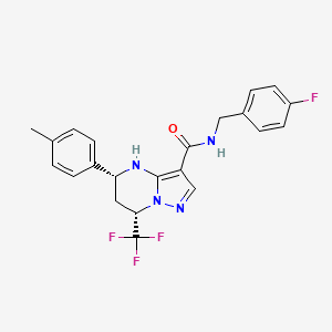molecular formula C22H20F4N4O B14122143 Pyrazolo[1,5-a]pyriMidine-3-carboxaMide, N-[(4-fluorophenyl)Methyl]-4,5,6,7-tetrahydro-5-(4-Methylphenyl)-7-(trifluoroMethyl)-, (5R,7S)- 