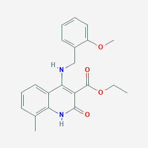 molecular formula C21H22N2O4 B14122476 Ethyl 4-((2-methoxybenzyl)amino)-8-methyl-2-oxo-1,2-dihydroquinoline-3-carboxylate 