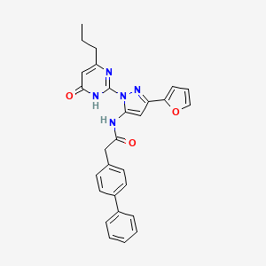 molecular formula C28H25N5O3 B14123377 2-([1,1'-biphenyl]-4-yl)-N-(3-(furan-2-yl)-1-(6-oxo-4-propyl-1,6-dihydropyrimidin-2-yl)-1H-pyrazol-5-yl)acetamide 