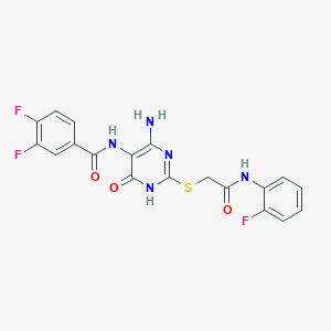 molecular formula C19H14F3N5O3S B14123726 N-(4-amino-2-((2-((2-fluorophenyl)amino)-2-oxoethyl)thio)-6-oxo-1,6-dihydropyrimidin-5-yl)-3,4-difluorobenzamide 
